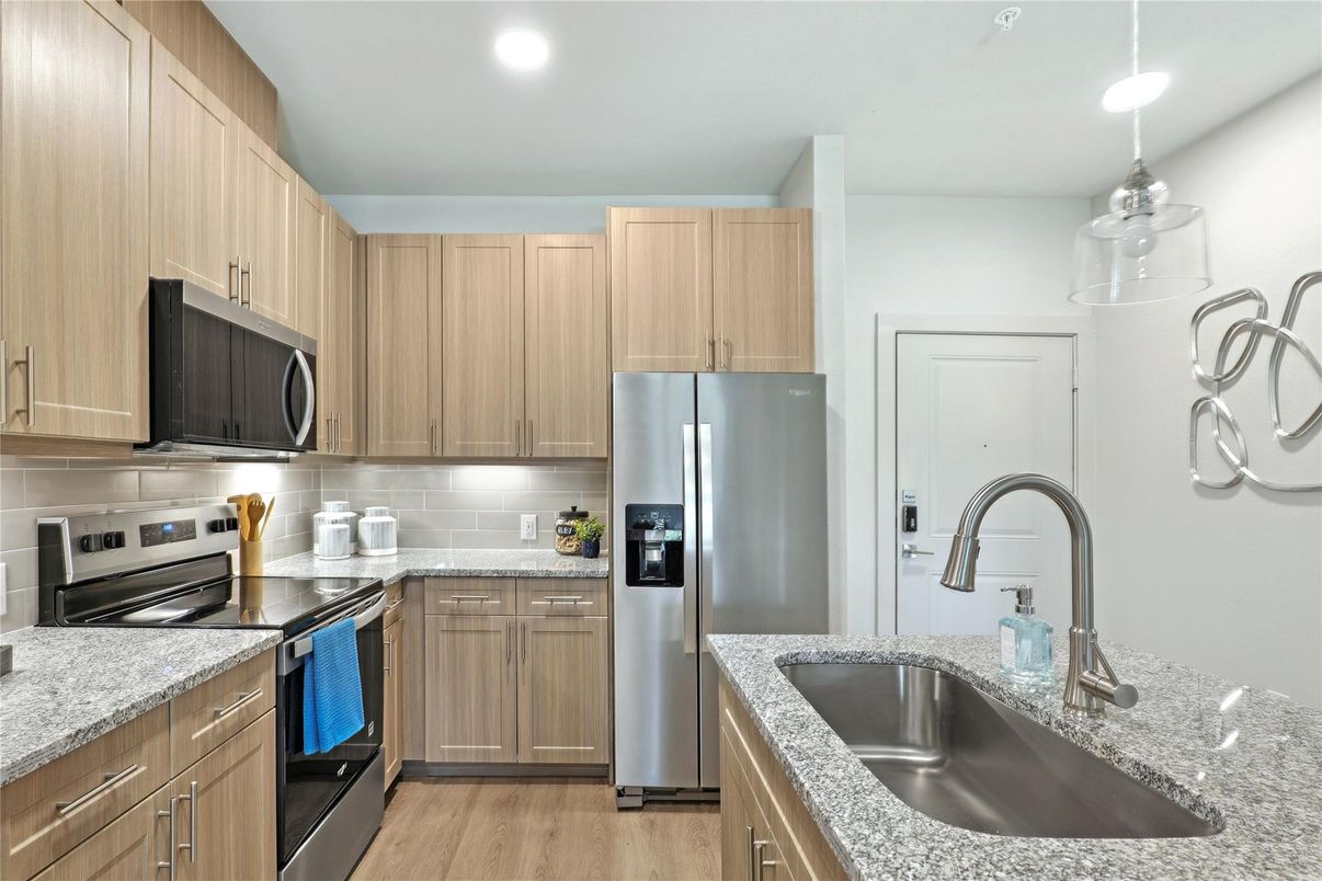 Interior, Kitchen, Pendant Lights, Recessed Lighting, Stainless Steel Appliances, Wood Texture Flooring