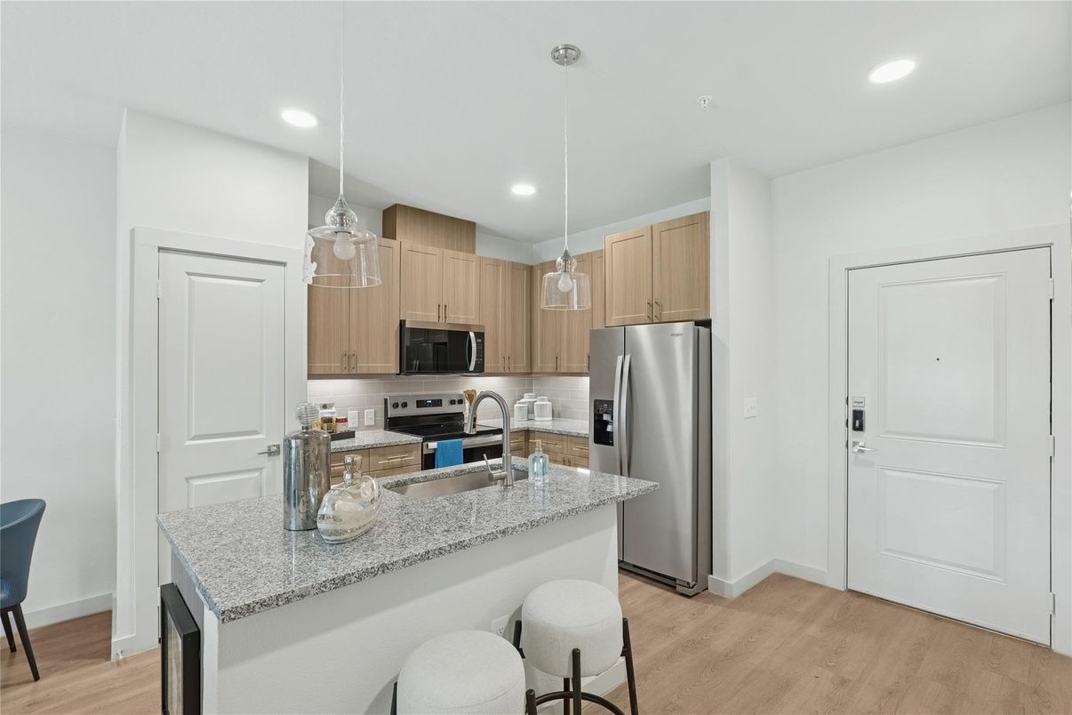 Interior, Kitchen, Pendant Lights, Recessed Lighting, Stainless Steel Appliances, Wood Texture Flooring