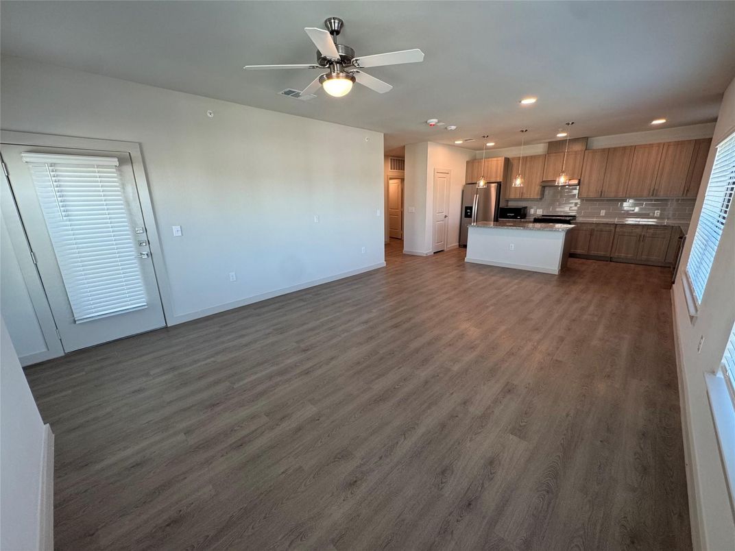 Empty room, Interior, Kitchen, Recessed Lighting, Wood Texture Flooring