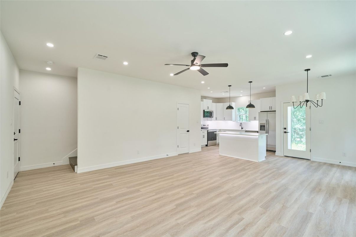 Chandelier, Empty room, Interior, Kitchen, Pendant Lights, Recessed Lighting, Wood Texture Flooring