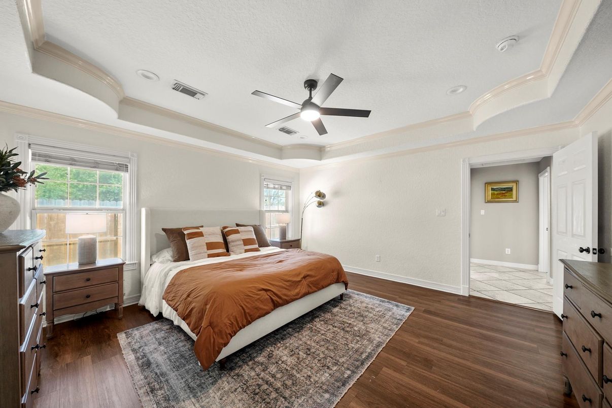 Bedroom, Interior, Recessed Lighting, Wood Texture Flooring