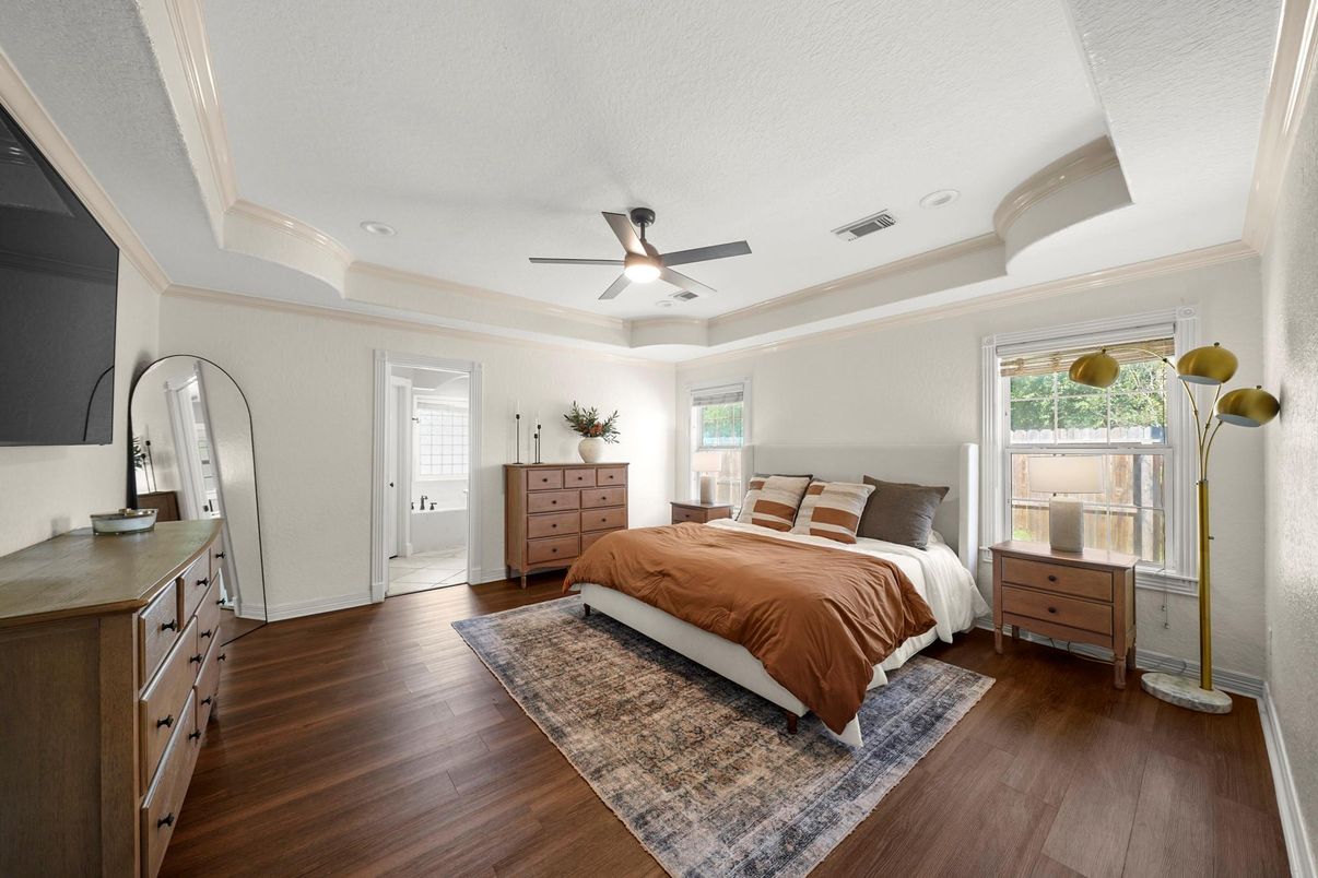 Bedroom, Interior, Recessed Lighting, Wood Texture Flooring
