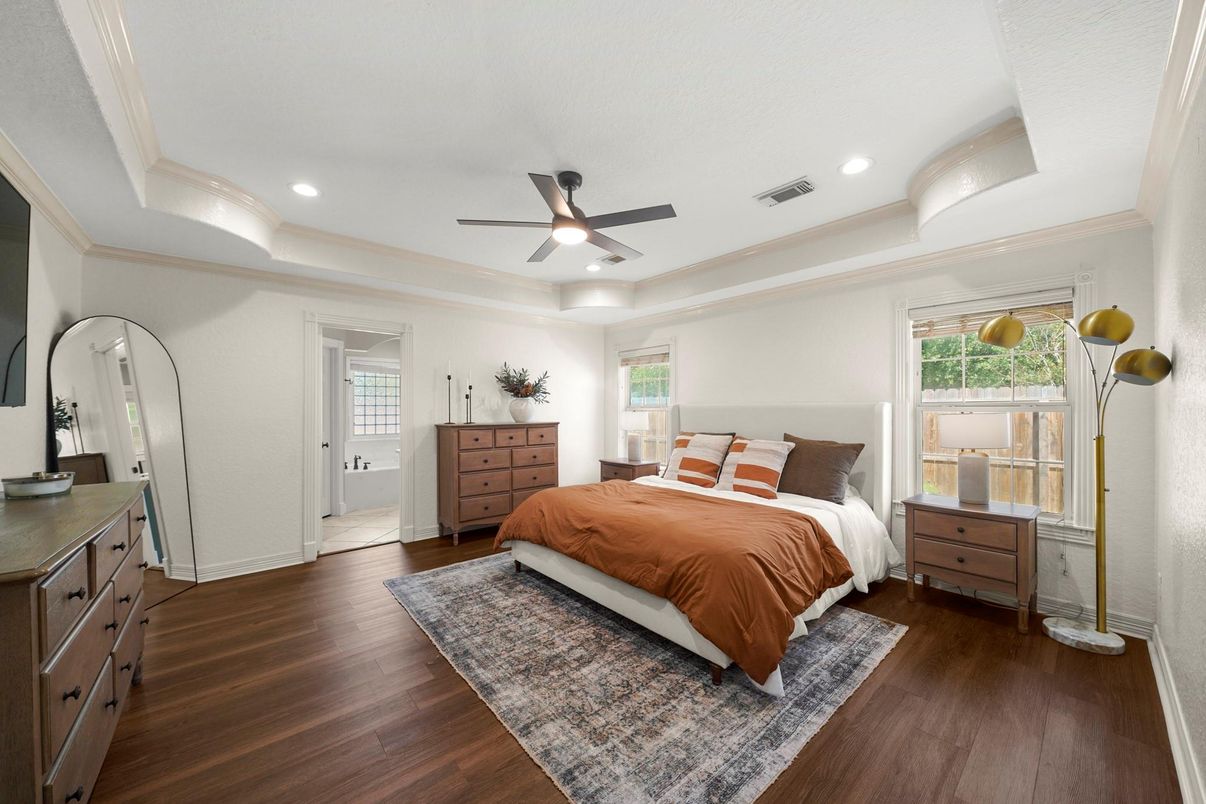 Bedroom, Interior, Recessed Lighting, Wood Texture Flooring