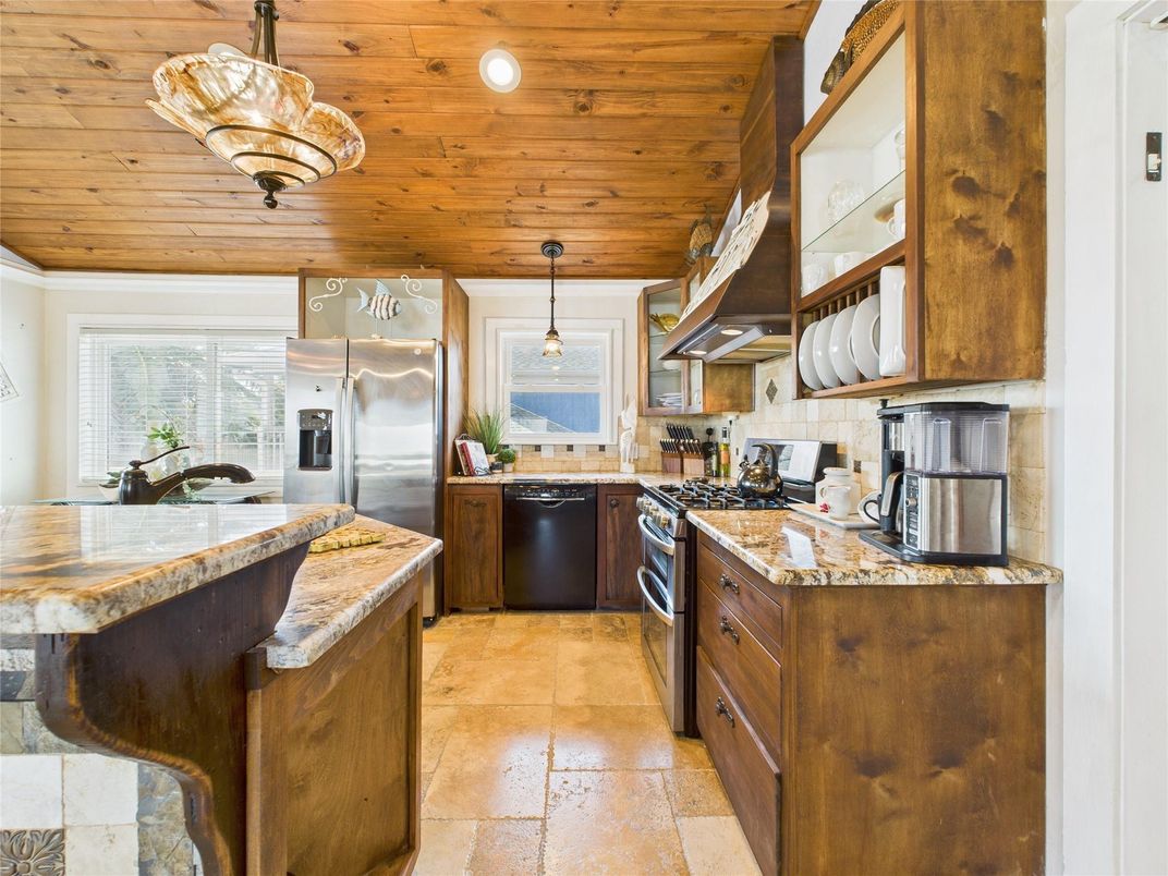 Interior, Kitchen, Pendant Lights, Recessed Lighting, Stainless Steel Appliances, Wooden Ceilings