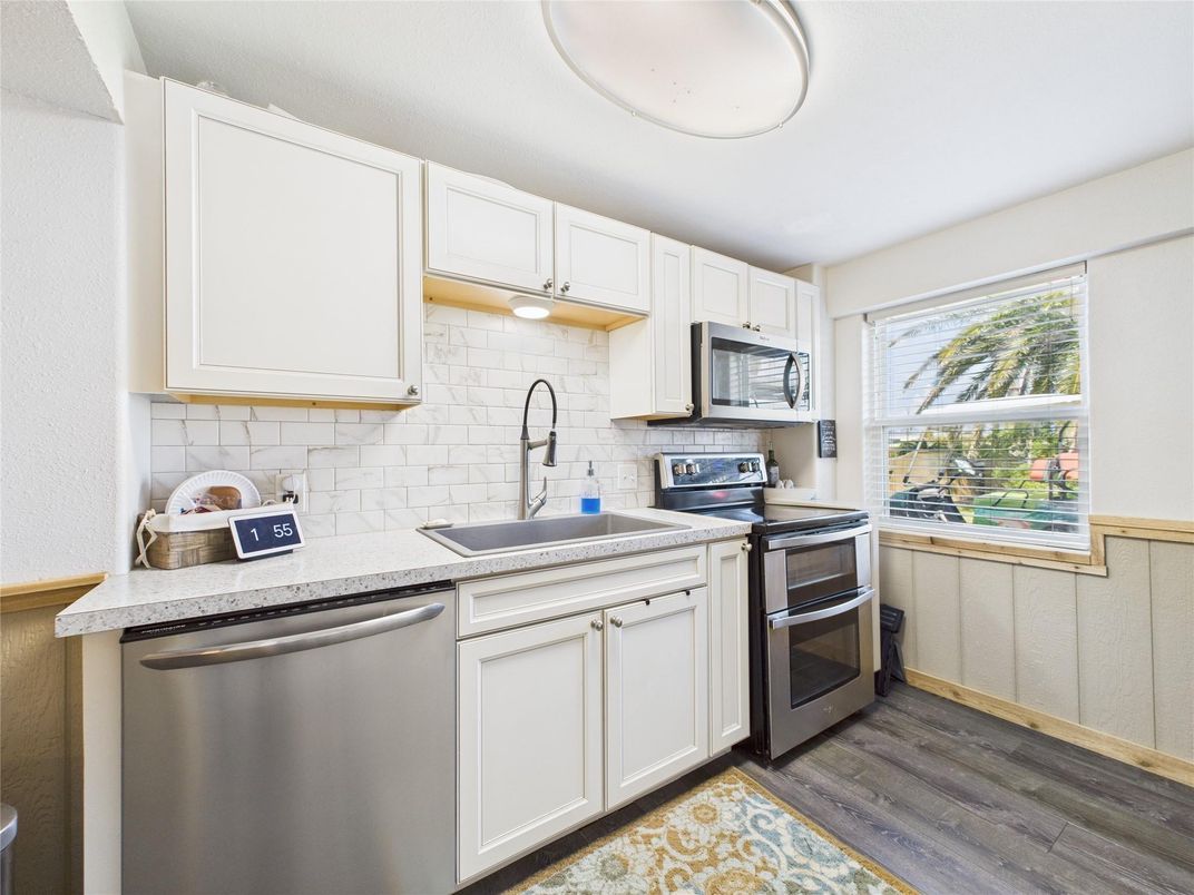 Interior, Kitchen, Stainless Steel Appliances, Stone Walls, Wood Texture Flooring