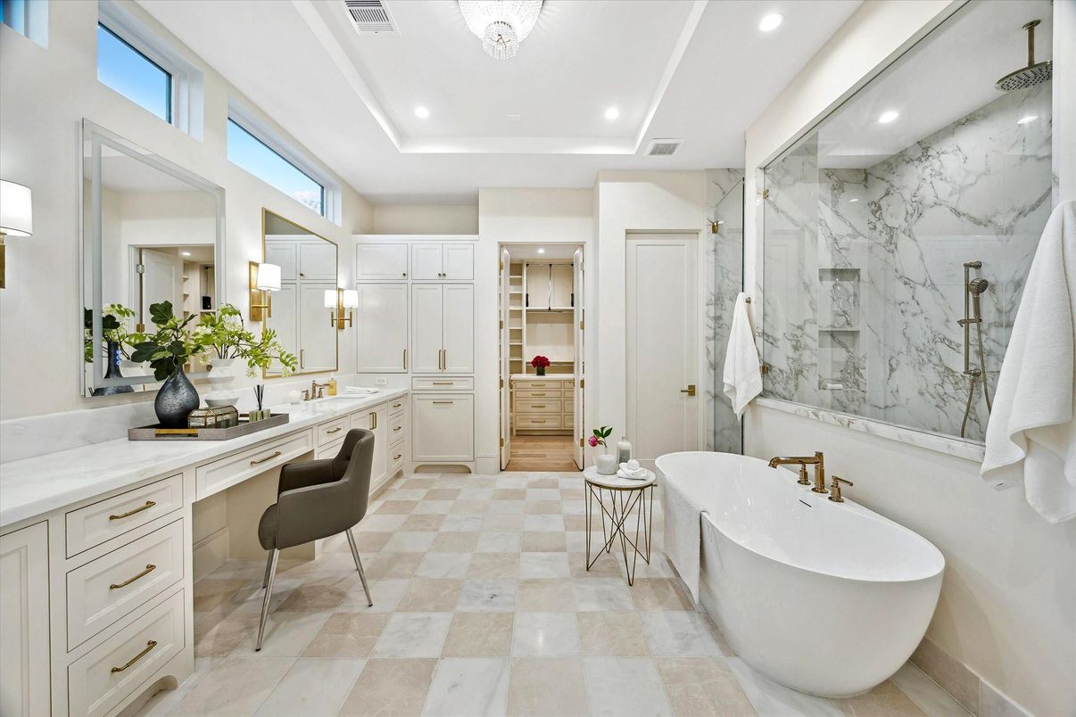 Bathroom, Dual Sink Vanities, Free Standing Baths, Interior, Marble Walls, Recessed Lighting