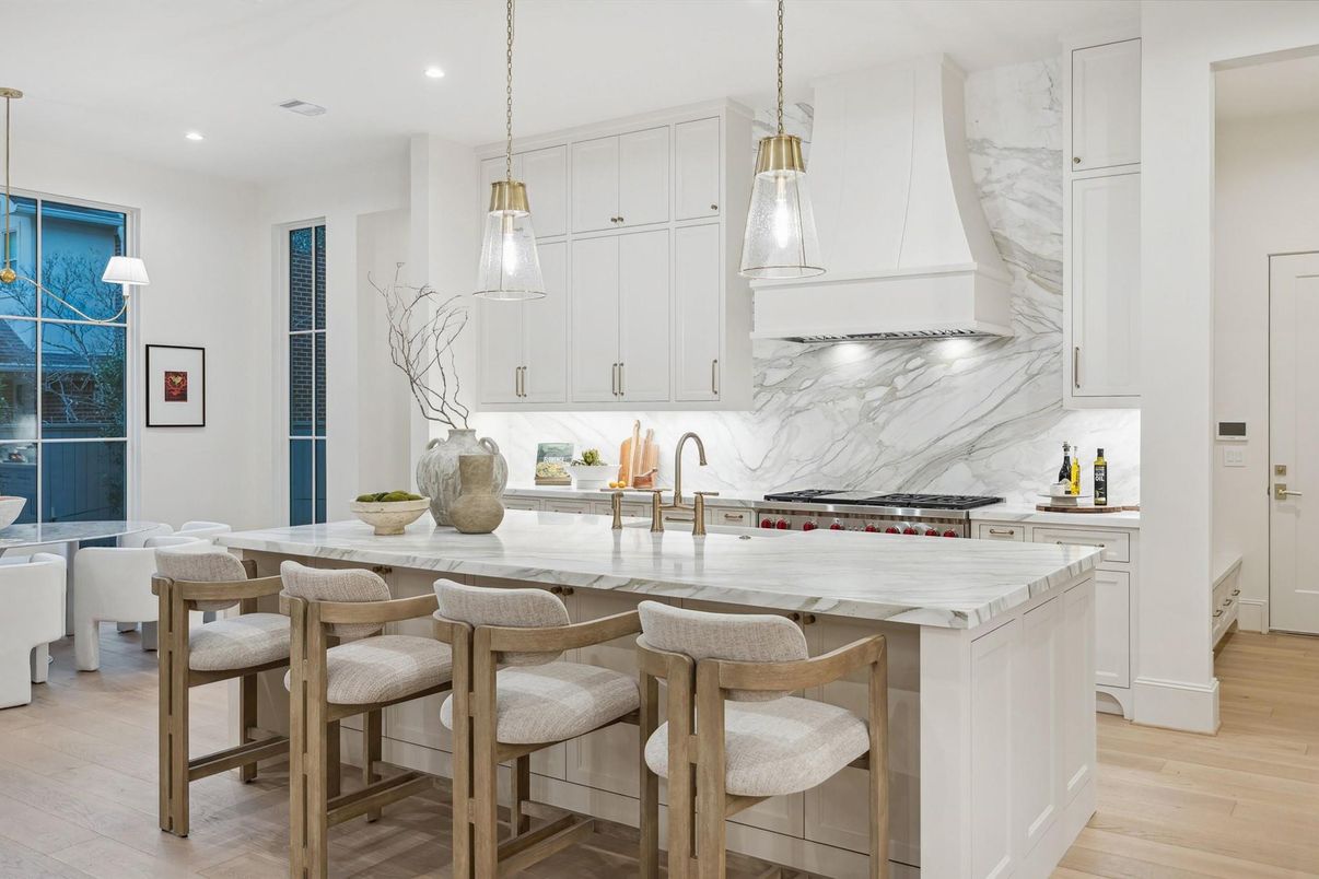 Interior, Kitchen, Marble Walls, Pendant Lights, Recessed Lighting, Stainless Steel Appliances, Wood Texture Flooring