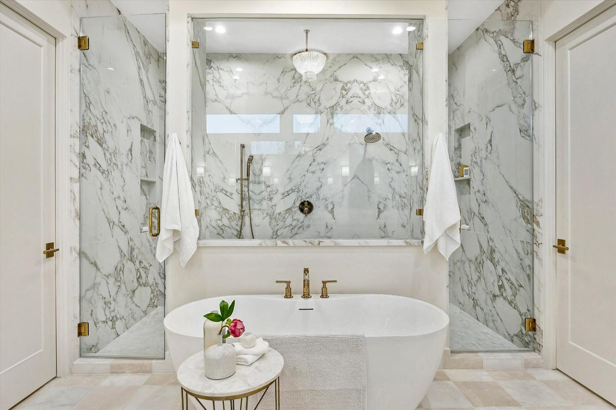 Bathroom, Free Standing Baths, Glass Shower, Interior, Marble Walls, Recessed Lighting