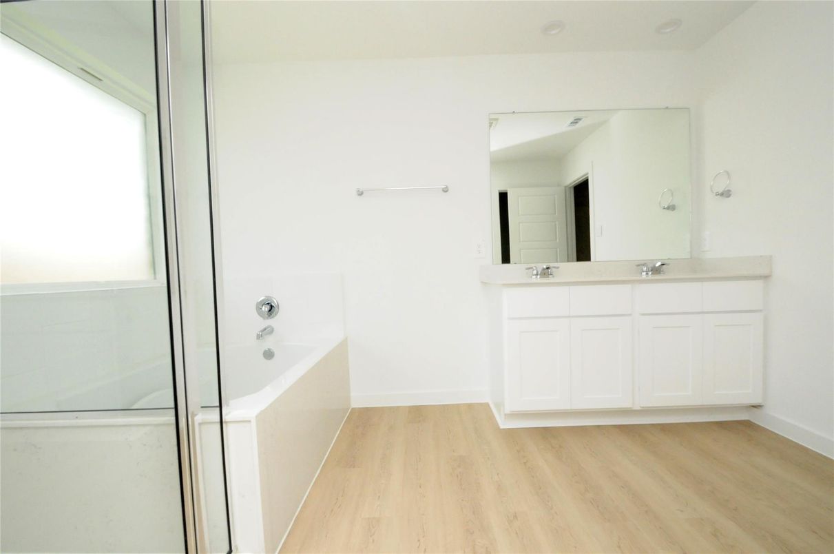 Bathroom, Glass Shower, Interior, Wood Texture Flooring