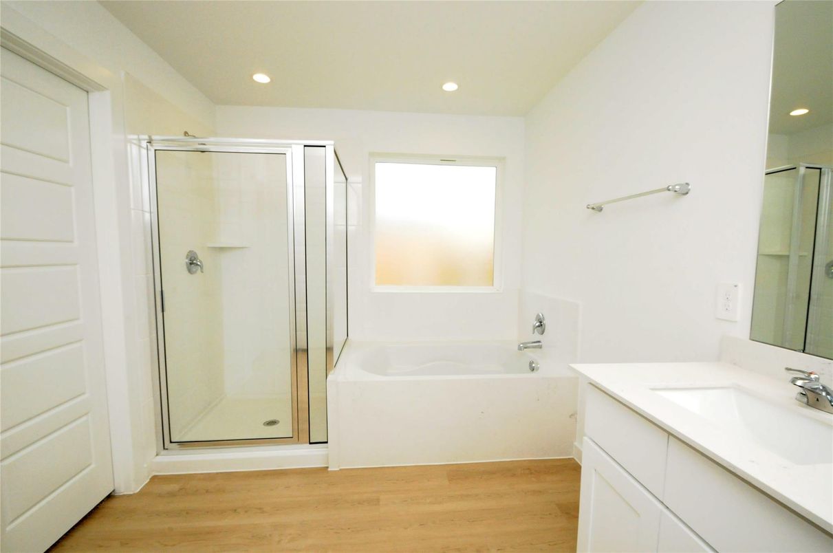 Bathroom, Glass Shower, Interior, Recessed Lighting, Wood Texture Flooring