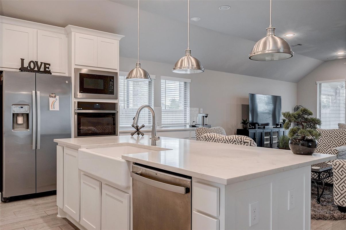 Interior, Kitchen, Pendant Lights, Recessed Lighting, Stainless Steel Appliances, Wood Texture Flooring