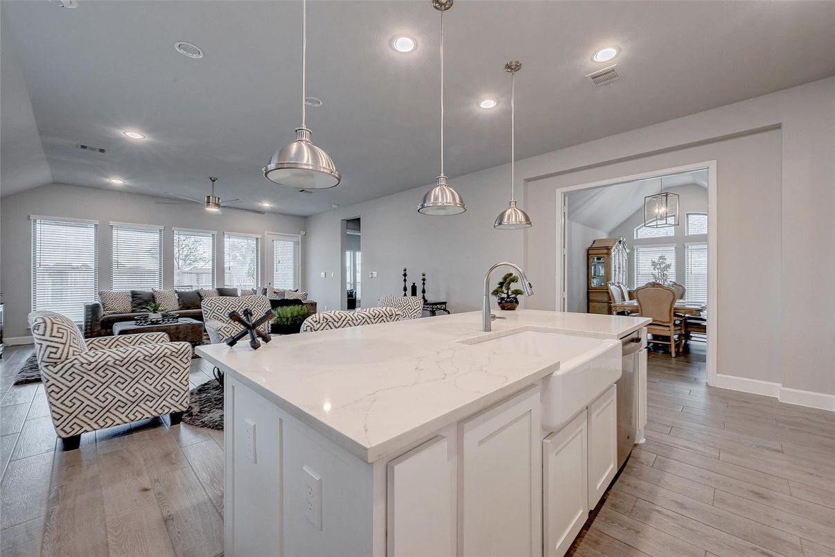 Dining room, Interior, Kitchen, Living room, Pendant Lights, Recessed Lighting, Wood Texture Flooring