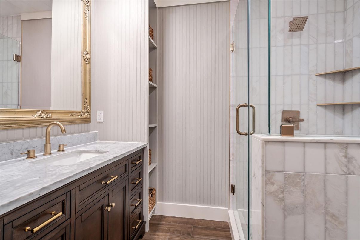 Bathroom, Glass Shower, Interior, Wood Texture Flooring