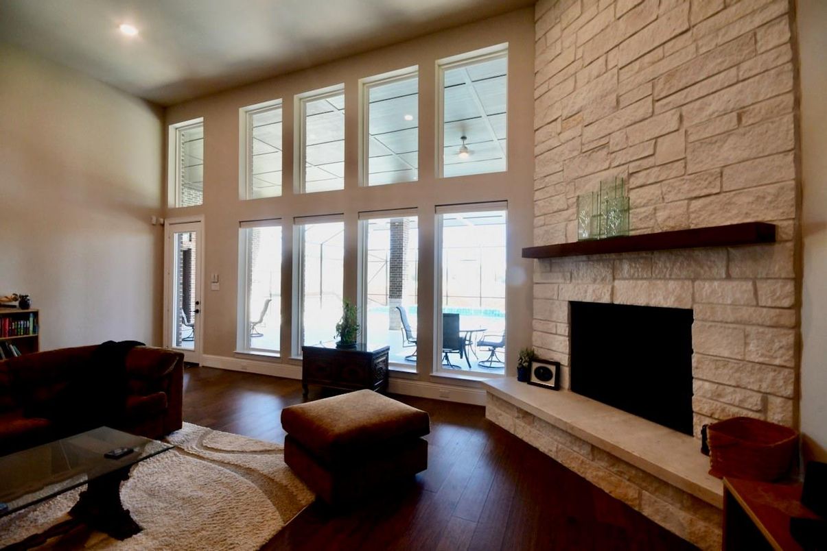 Fireplace, Interior, Recessed Lighting, Stone Walls, Wood Texture Flooring