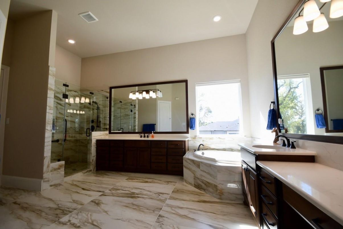 Bathroom, Dual Sink Vanities, Glass Shower, Interior, Marble, Recessed Lighting