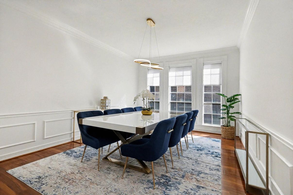 Dining room, Interior, Pendant Lights, Wood Texture Flooring