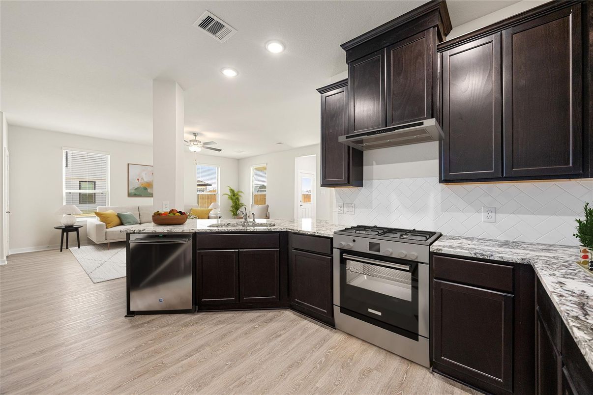 Dining room, Interior, Kitchen, Recessed Lighting, Stainless Steel Appliances, Wood Texture Flooring