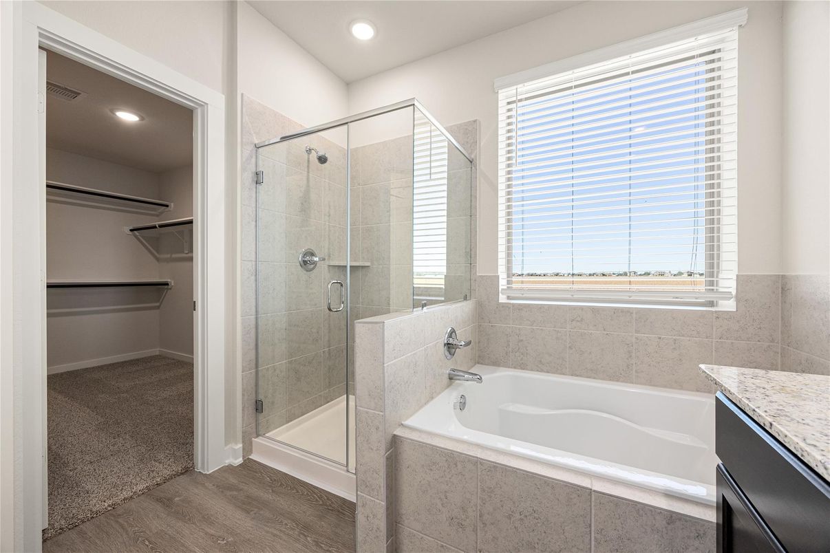 Bathroom, Glass Shower, Interior, Recessed Lighting, Walk-in Closets, Wood Texture Flooring