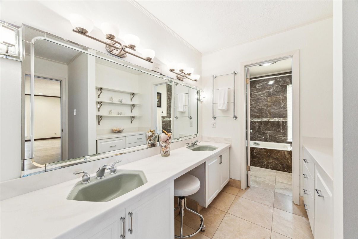 Bathroom, Dual Sink Vanities, Glass Shower, Interior, Marble Walls
