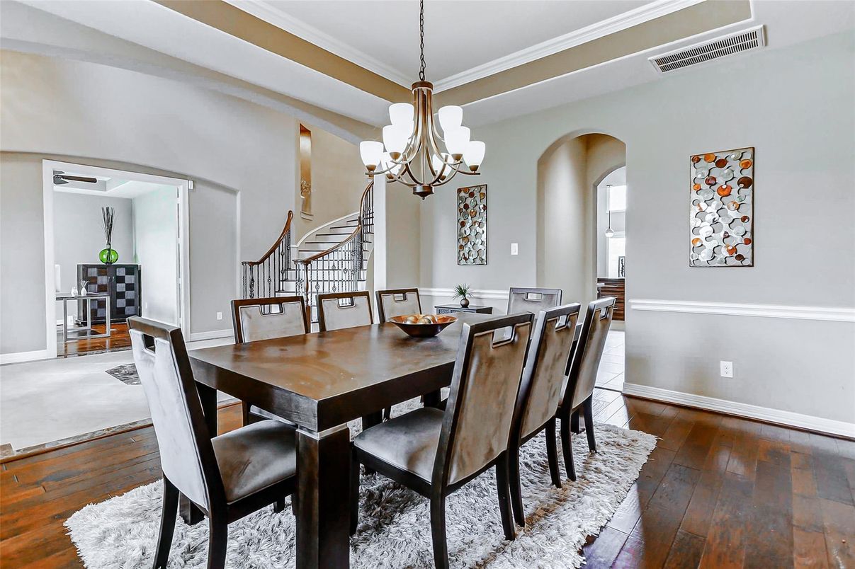 Chandelier, Dining room, Interior, Wood Texture Flooring