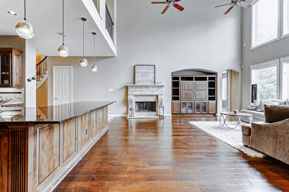 Fireplace, Interior, Living room, Pendant Lights, Wood Texture Flooring