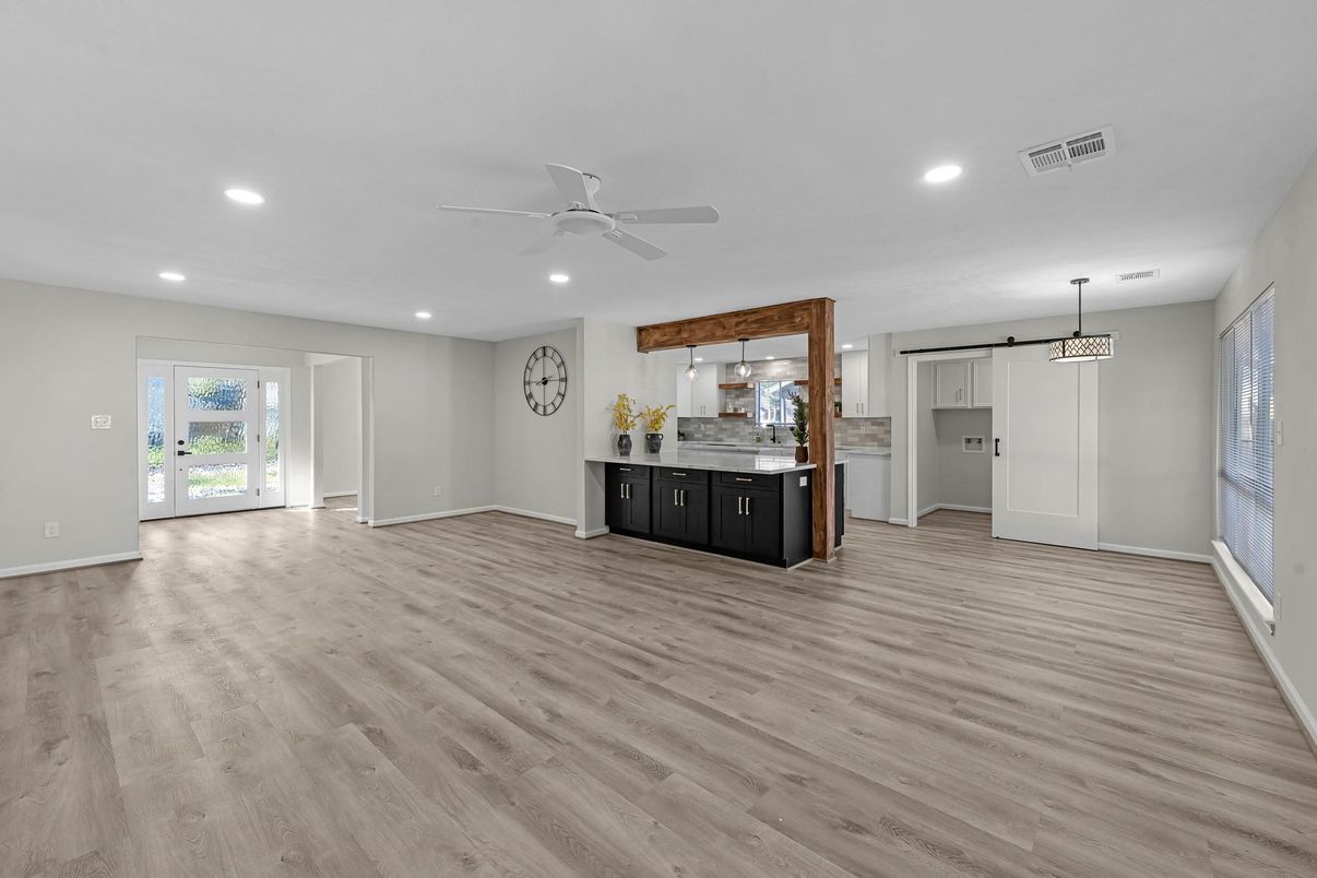 Empty room, Interior, Kitchen, Pendant Lights, Recessed Lighting, Wood Texture Flooring