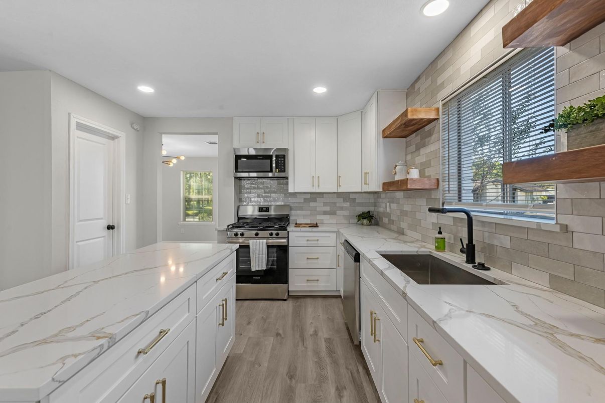 Interior, Kitchen, Recessed Lighting, Stainless Steel Appliances, Wood Texture Flooring