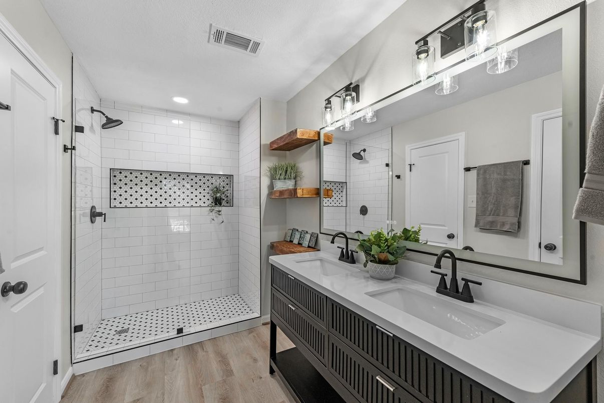 Bathroom, Dual Sink Vanities, Glass Shower, Interior, Recessed Lighting, Wood Texture Flooring