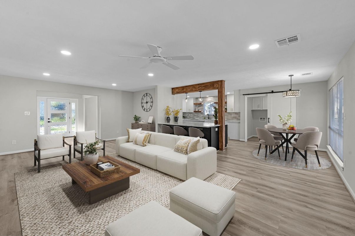 Dining room, Interior, Living room, Pendant Lights, Recessed Lighting, Wood Texture Flooring