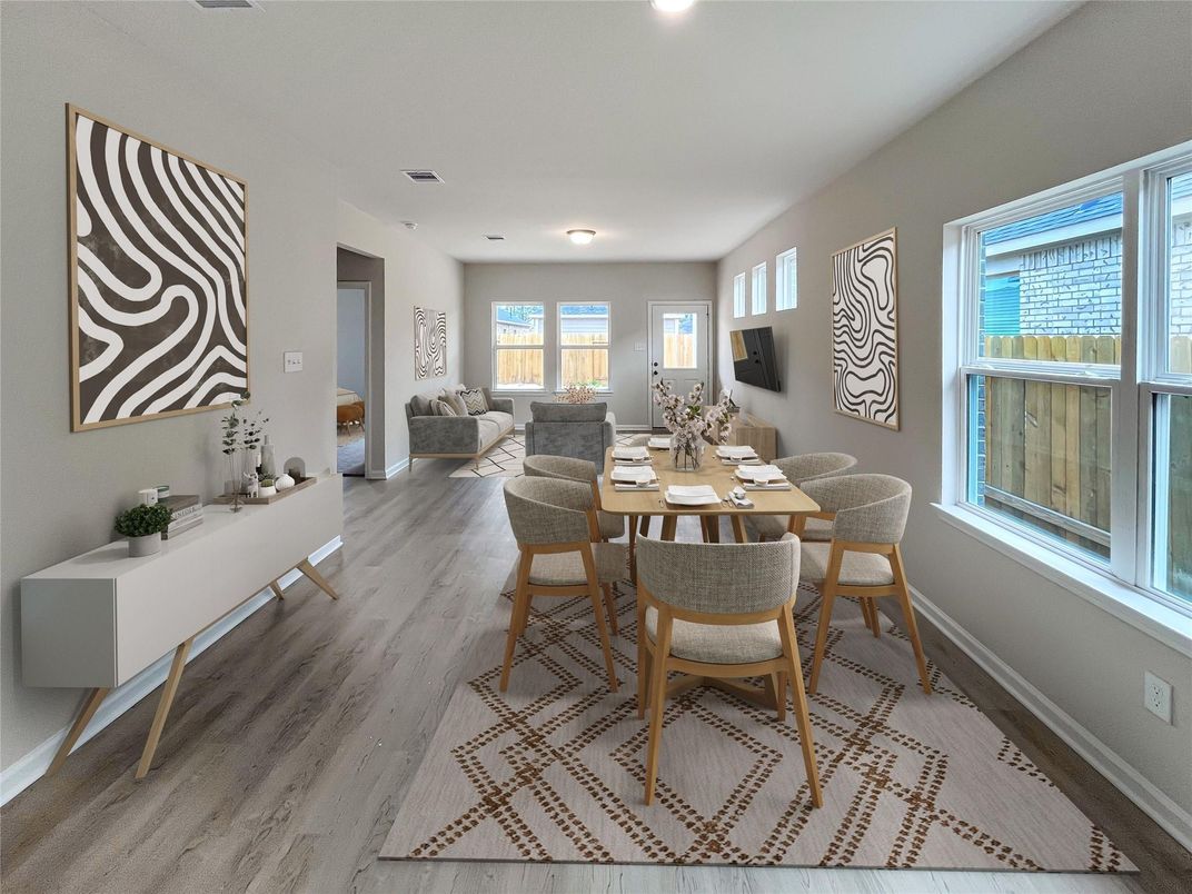 Dining room, Interior, Living room, Recessed Lighting, Wood Texture Flooring