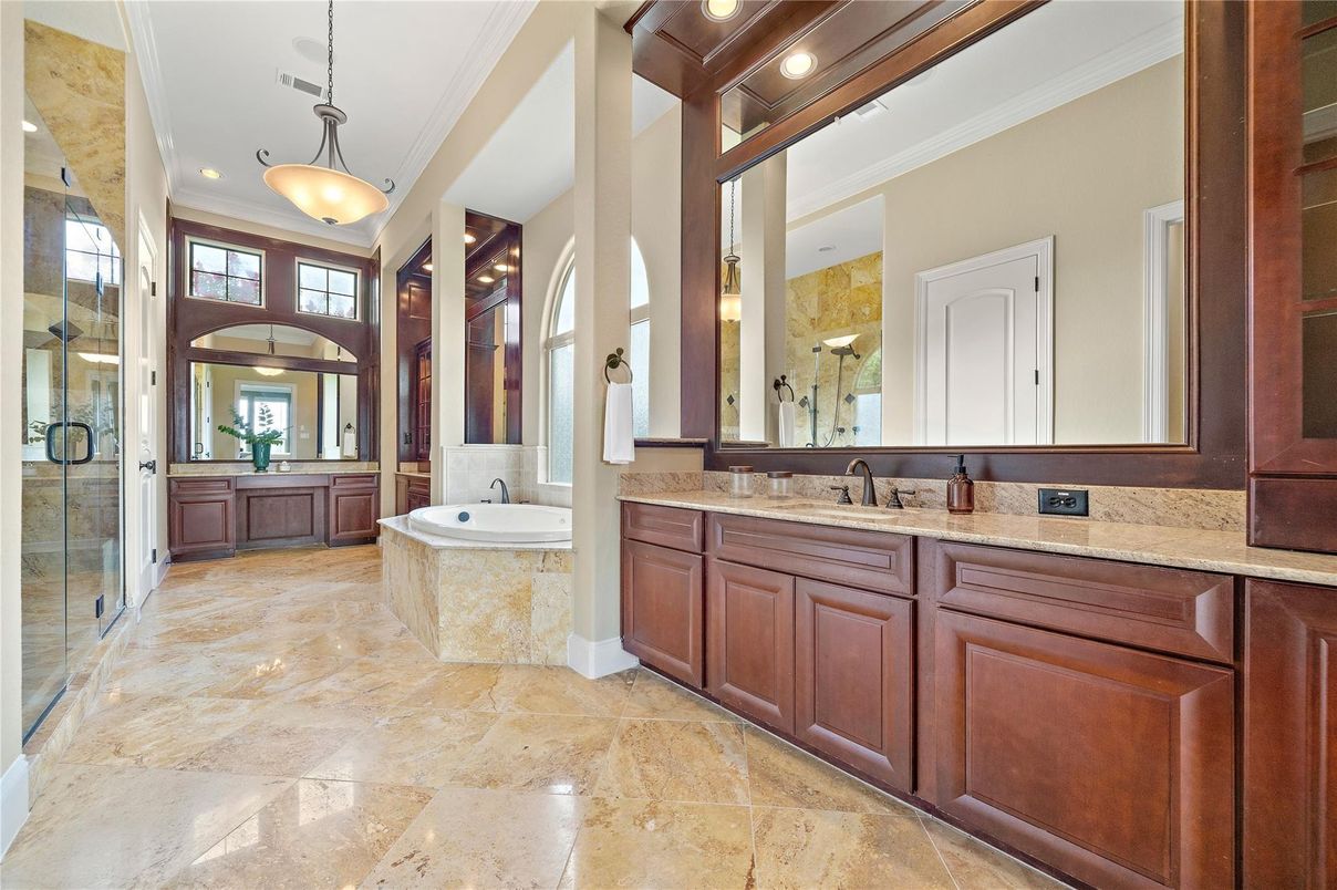 Bathroom, Dual Sink Vanities, Glass Shower, Interior, Pendant Lights, Recessed Lighting