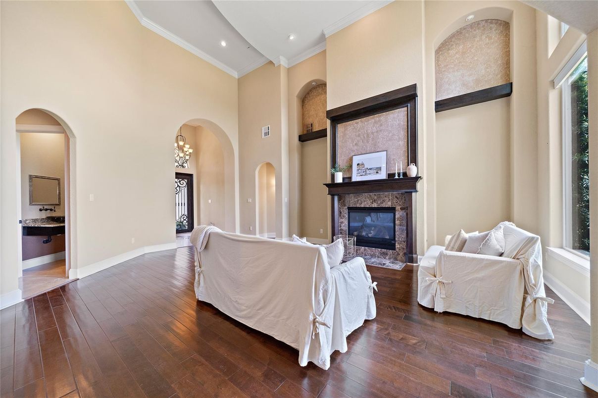 Fireplace, Interior, Pendant Lights, Recessed Lighting, Wood Texture Flooring