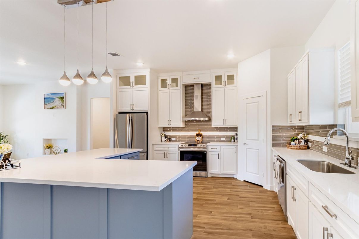 Interior, Kitchen, Pendant Lights, Recessed Lighting, Stainless Steel Appliances, Wood Texture Flooring