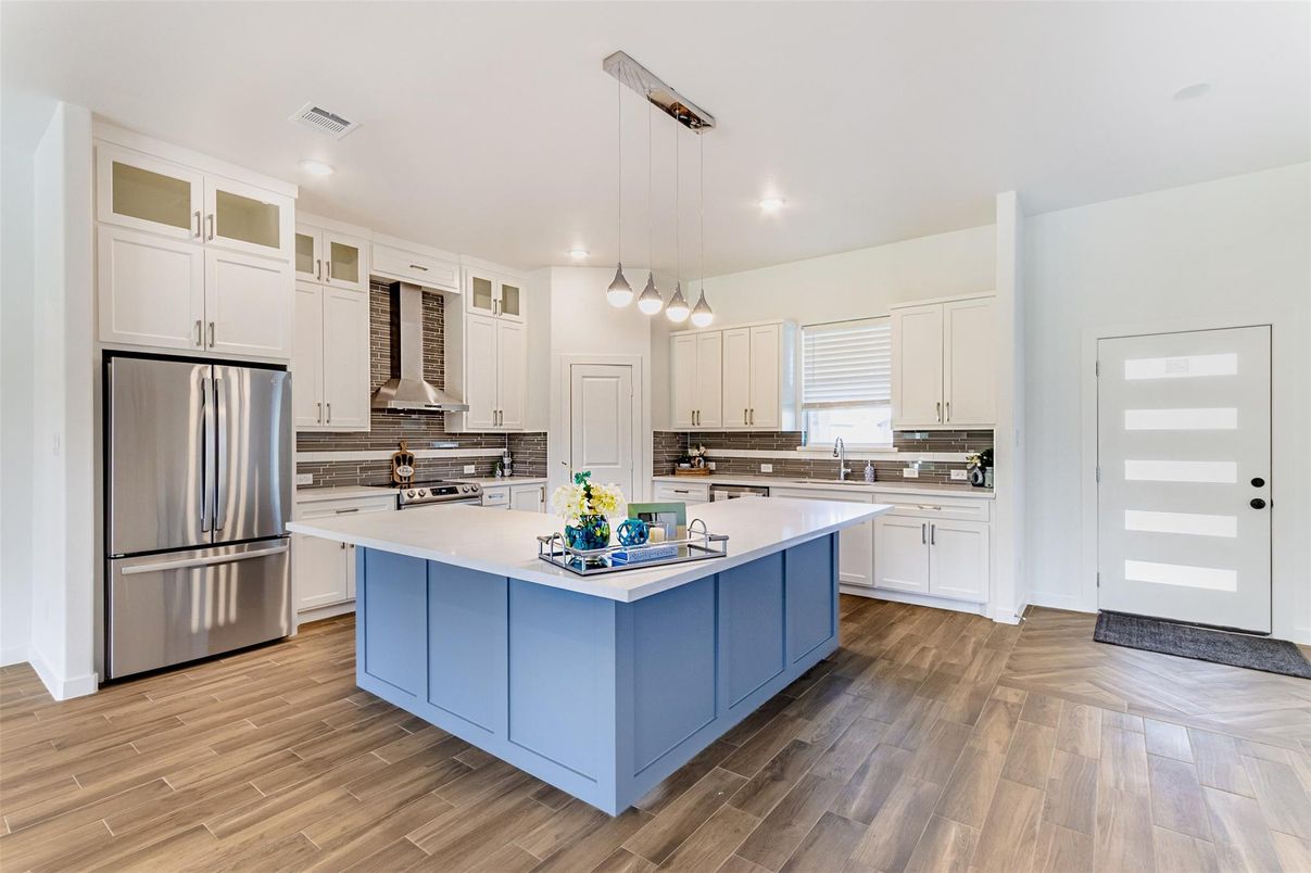 Interior, Kitchen, Pendant Lights, Recessed Lighting, Stainless Steel Appliances, Wood Texture Flooring