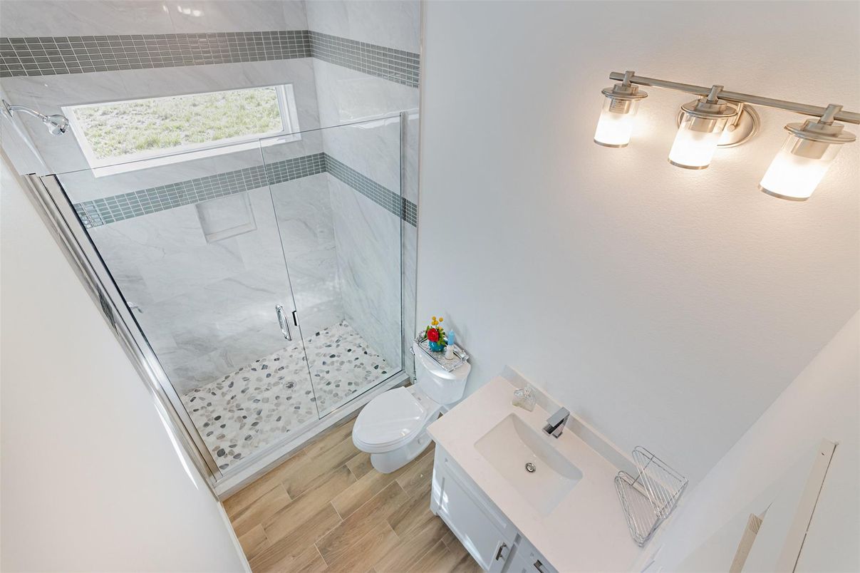 Bathroom, Glass Shower, Interior, Wood Texture Flooring