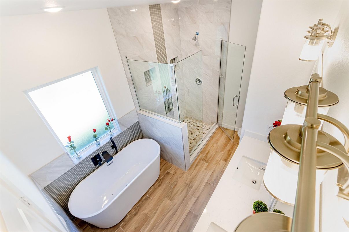 Bathroom, Glass Shower, Interior, Marble Walls, Recessed Lighting, Wood Texture Flooring