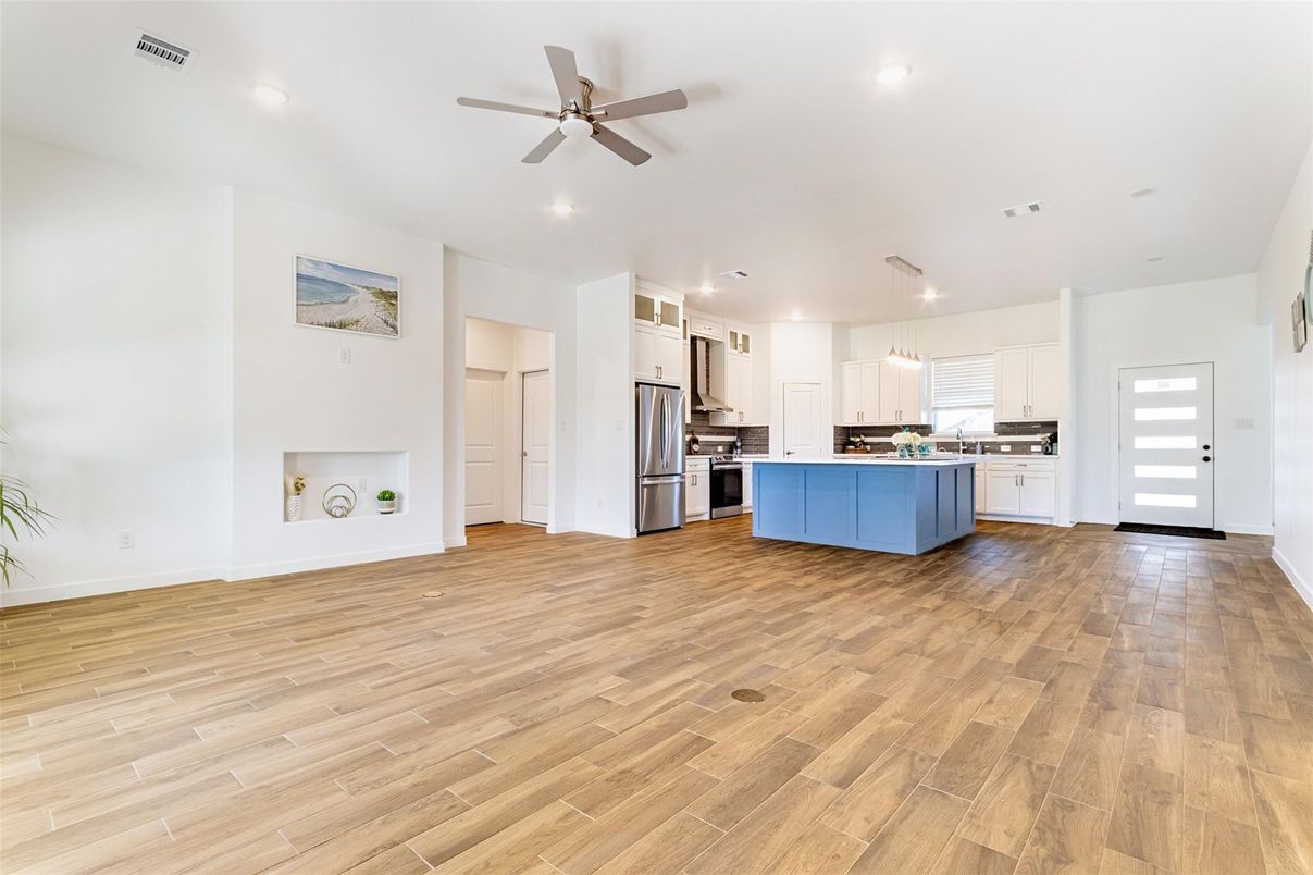 Interior, Kitchen, Pendant Lights, Recessed Lighting, Stainless Steel Appliances, Wood Texture Flooring