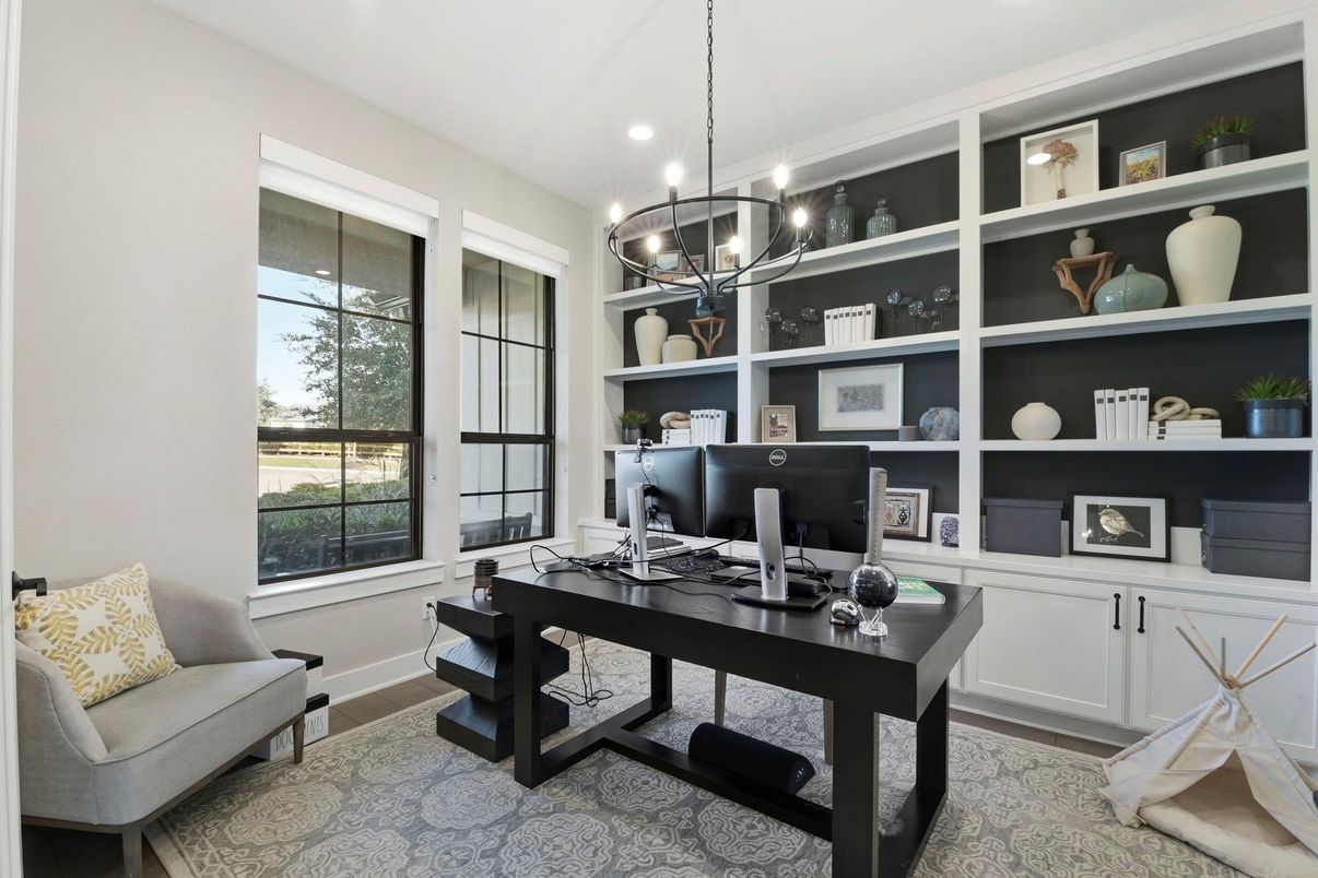 Chandelier, Home Office, Interior, Recessed Lighting, Wood Texture Flooring