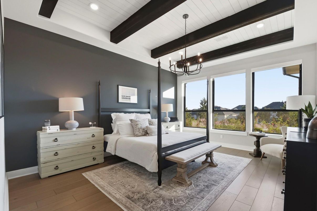 Bedroom, Chandelier, Interior, Pendant Lights, Recessed Lighting, Wooden Beams, Wood Texture Flooring