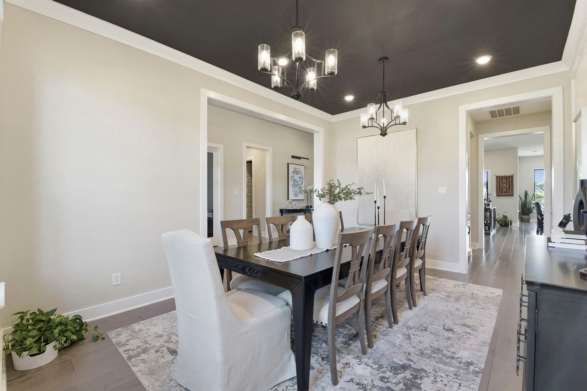 Chandelier, Dining room, Interior, Recessed Lighting, Wood Texture Flooring