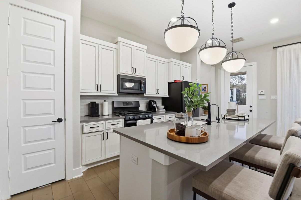 Interior, Kitchen, Pendant Lights, Recessed Lighting, Wood Texture Flooring