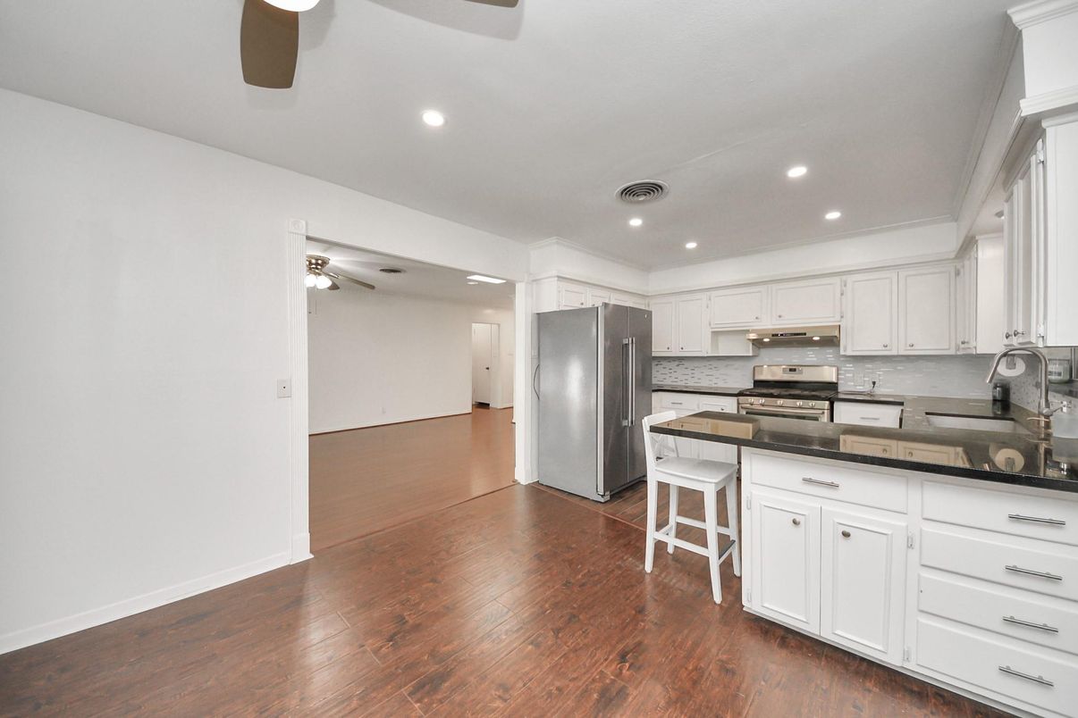 Interior, Kitchen, Recessed Lighting, Stainless Steel Appliances, Wood Texture Flooring