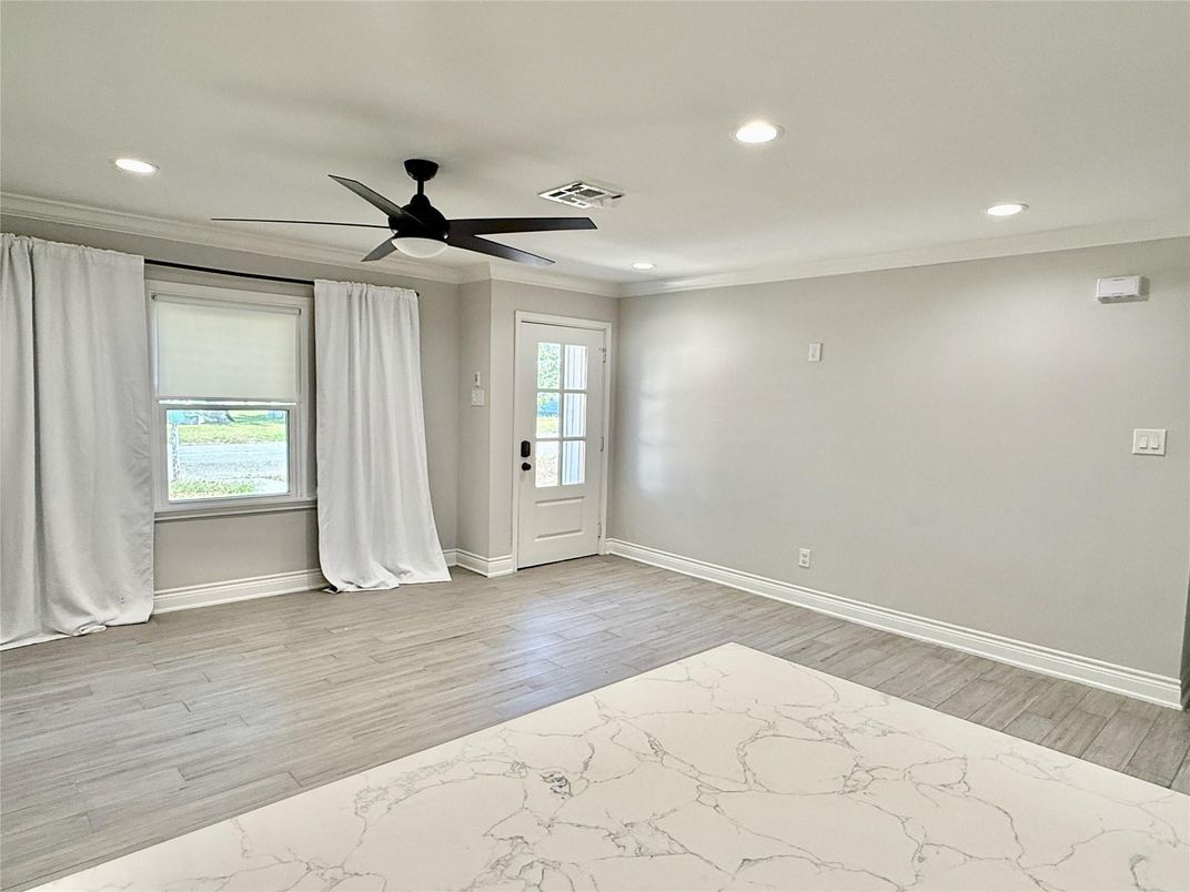 Empty room, Interior, Marble, Recessed Lighting, Wood Texture Flooring