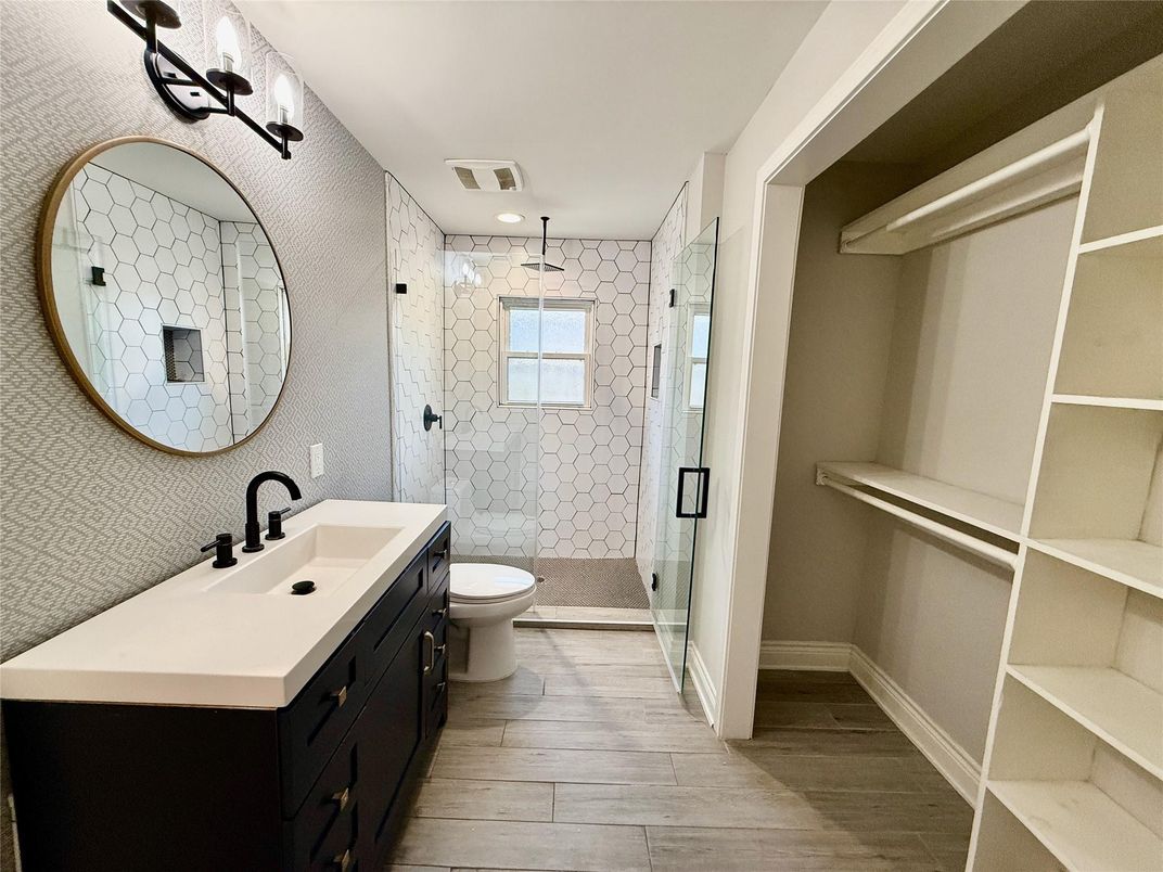 Bathroom, Glass Shower, Interior, Recessed Lighting, Wood Texture Flooring