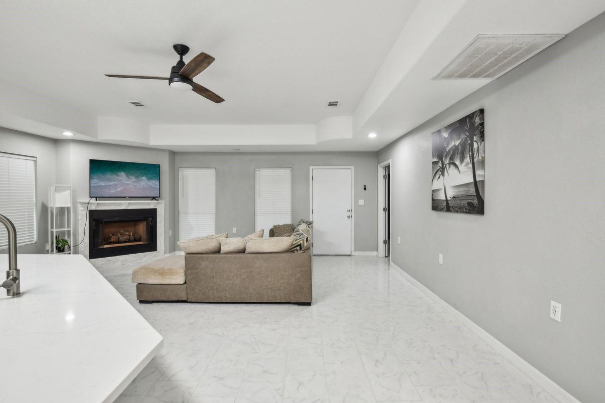 Fireplace, Interior, Living room, Marble, Recessed Lighting