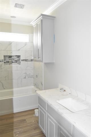 Bathroom, Interior, Marble Walls, Wood Texture Flooring