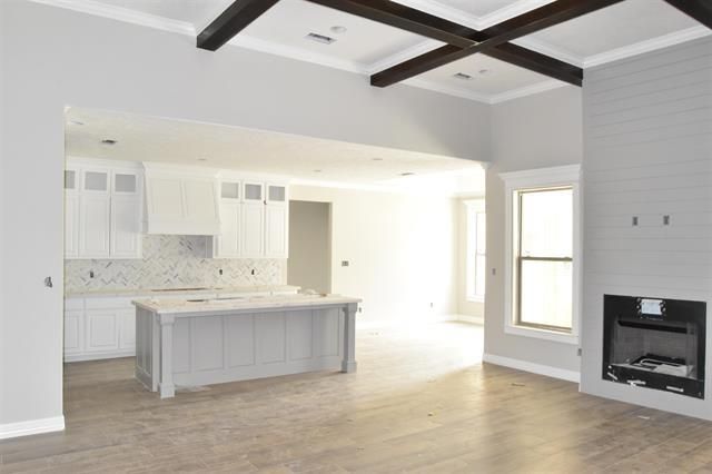 Fireplace, Interior, Kitchen, Marble Walls, Recessed Lighting, Wooden Beams, Wood Texture Flooring