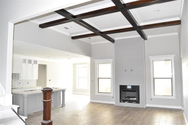 Fireplace, Interior, Kitchen, Recessed Lighting, Wooden Beams, Wood Texture Flooring