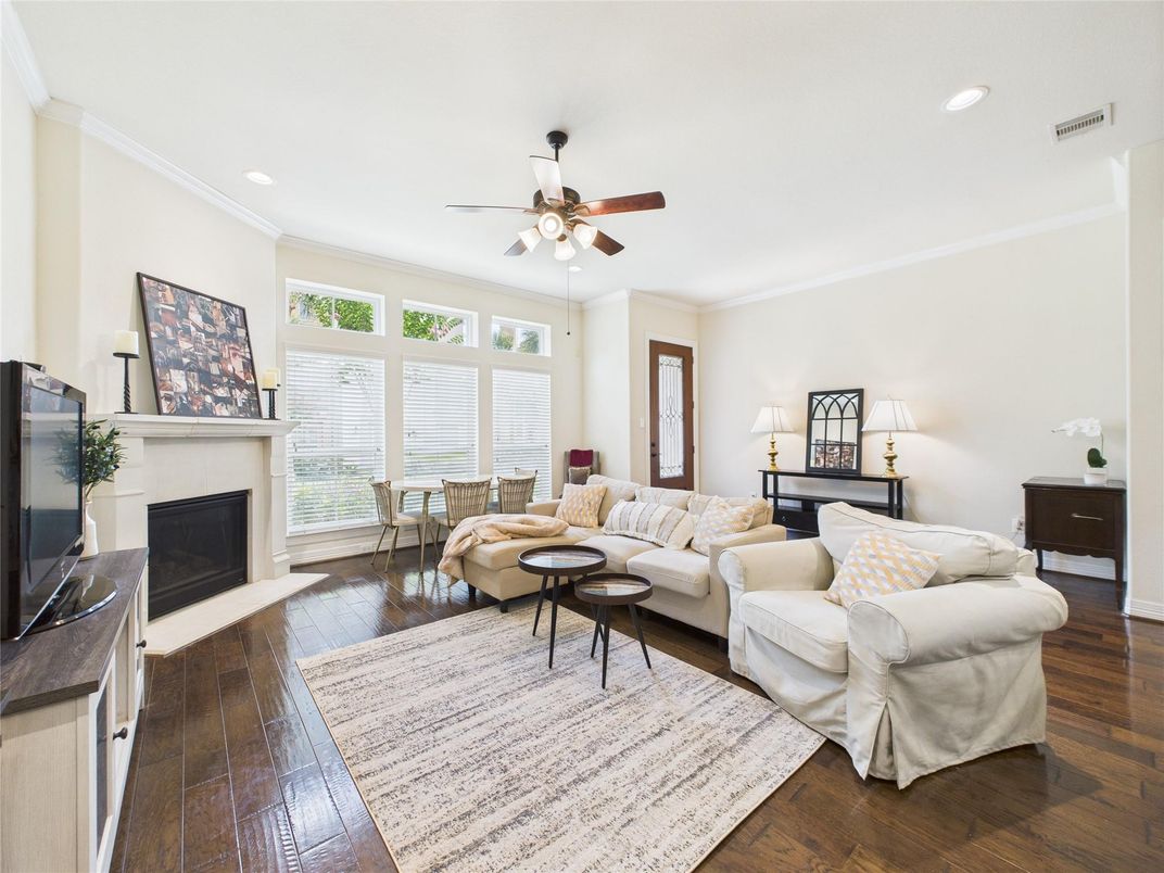 Fireplace, Interior, Living room, Recessed Lighting, Wood Texture Flooring