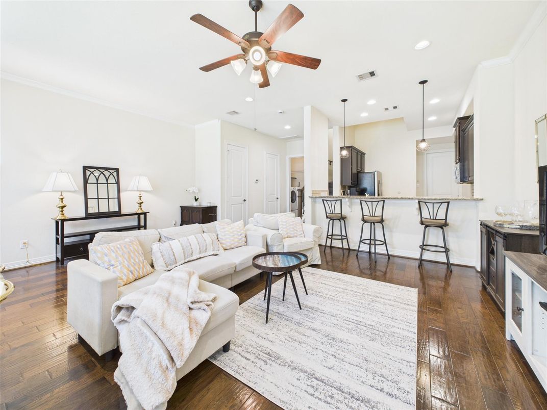 Interior, Kitchen, Living room, Pendant Lights, Recessed Lighting, Stainless Steel Appliances, Wood Texture Flooring